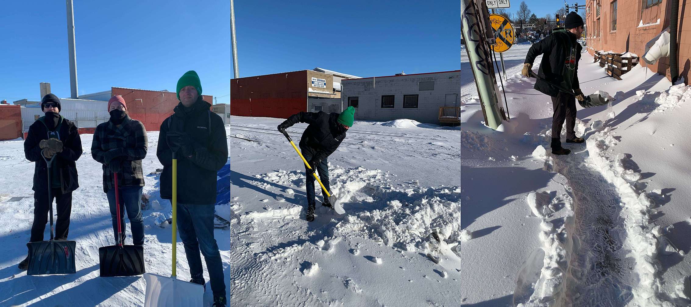 three panels of people shoveling snow