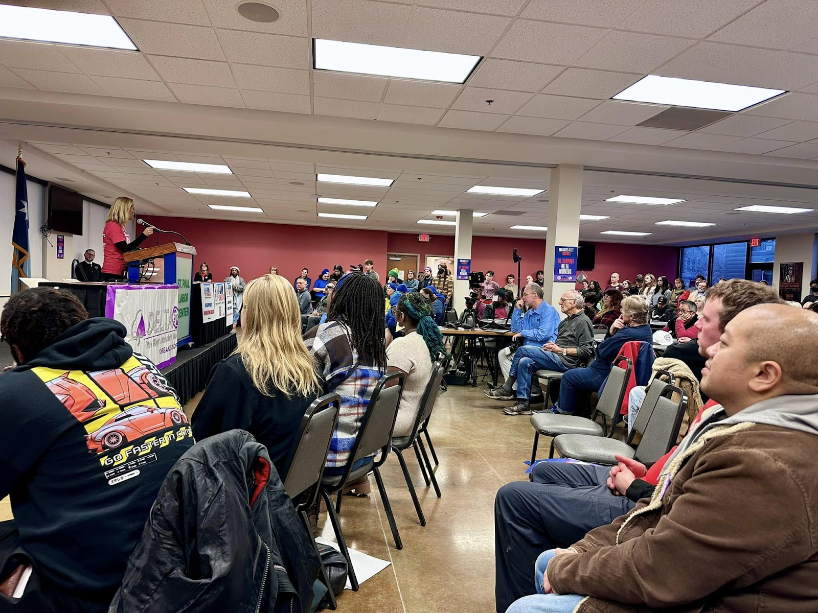 Delta Workers Rally for a Union with Sara Nelson in Jam-Packed Union Hall